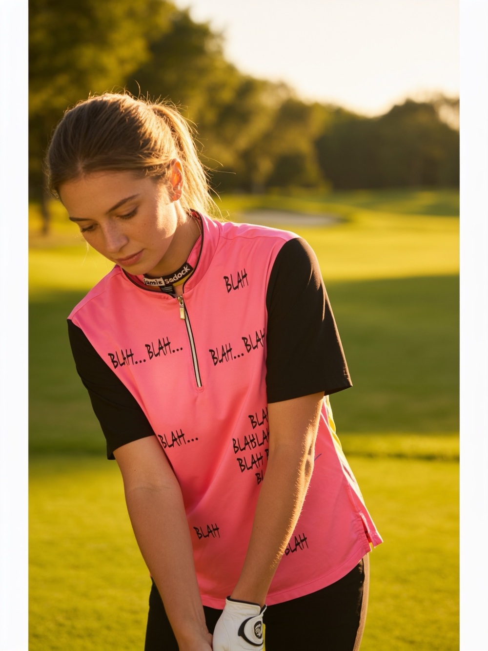 jamie sadock Pink and Black Short-Sleeve Golf Polo with 'Blah' Print